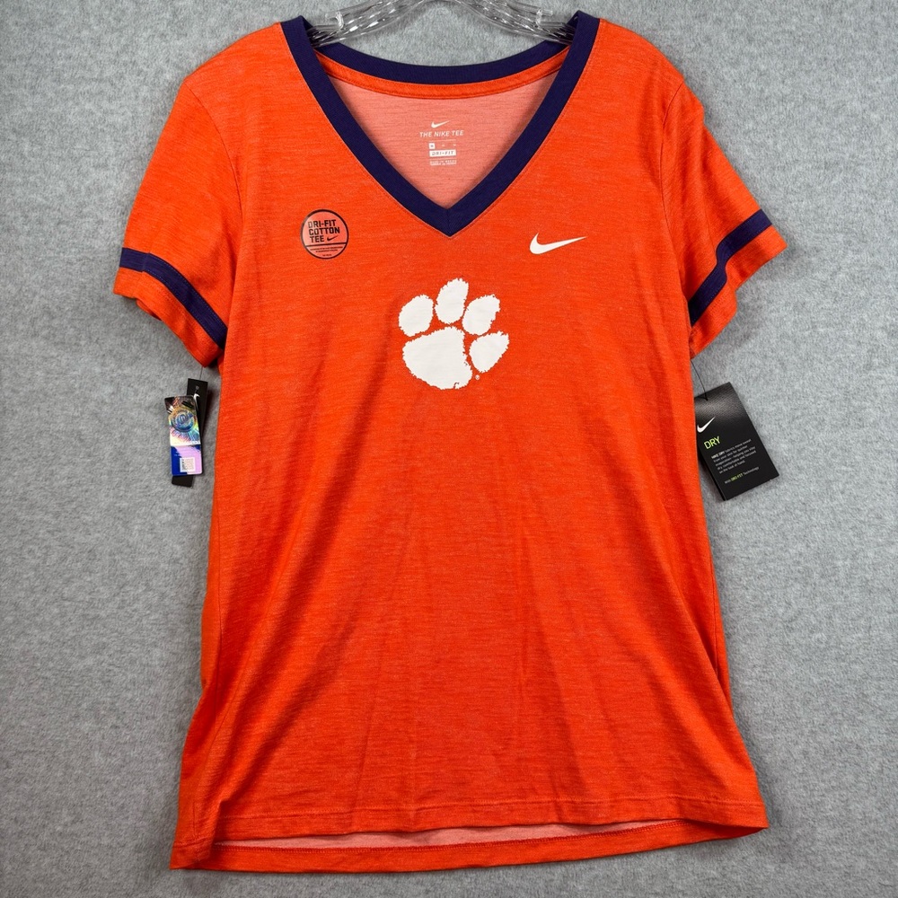 NWT Women's Nike Orange Clemson Tigers Slub Logo Fan Performance‎ V-Neck T-Shirt